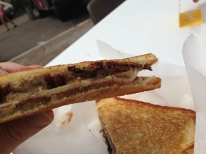 Homemade Almond Butter & Date Jam, Manchego [cheese], Applewood smoked bacon, & Carmelized Sherry Onion / Grilled